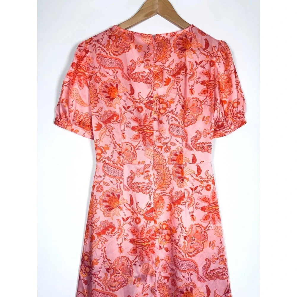 5a7 Cinq a Sept Kay Midi Dress Size 2 Pink Orange Floral Ruffle Faux Wrap Party